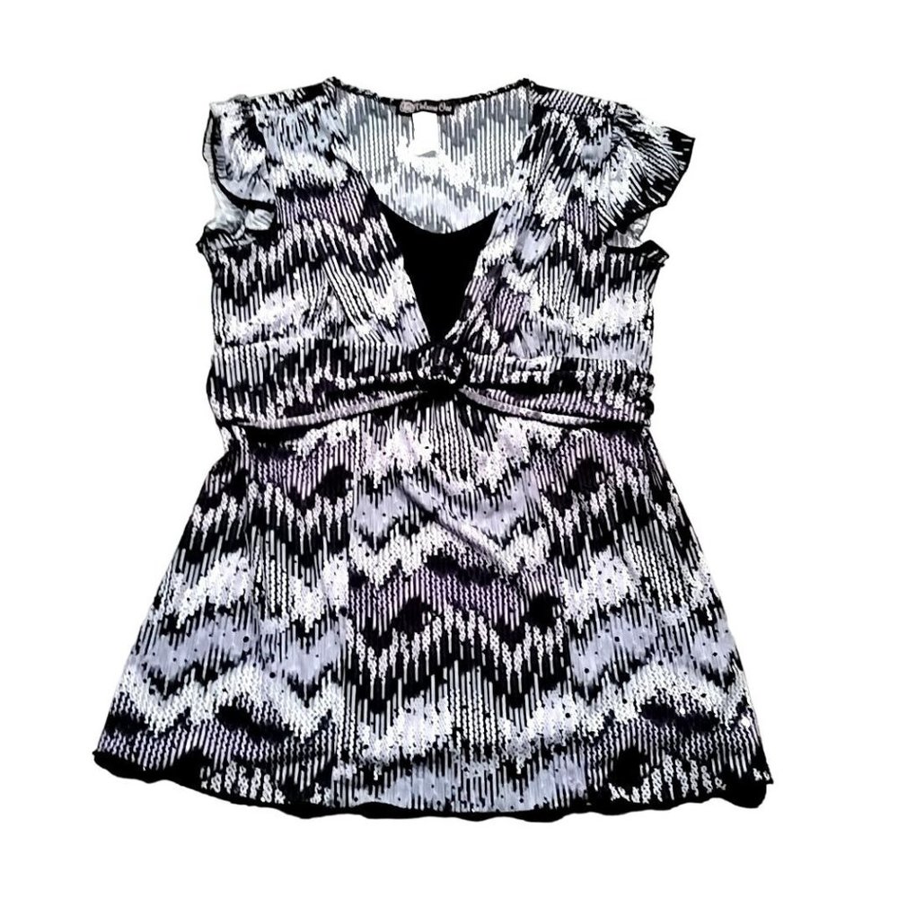 Volume One Womens Large Short Sleeve Tank Style Glitter Purple Black White Belt